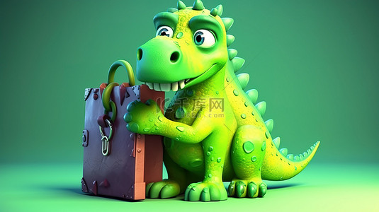 沉重的包袱背景图片_有趣的 3D 恐龙吉祥物，带有标志和沉重的挂锁