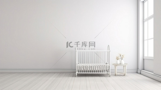 质朴的托儿所白色金属婴儿床靠在农舍的裸墙上，设置室内设计模型与 3D 渲染