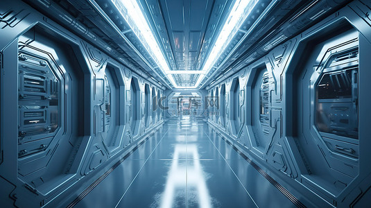 走廊显示器背景图片_未来科幻走廊和走廊室内设计的 3D 渲染