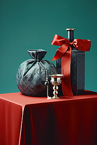 蓝色背景的桌子上有两个红色花瓶和一件中国礼物