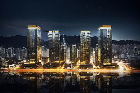韩国背景图片_一座夜晚的城市，有一组高楼大厦