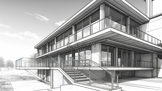 建筑透视餐厅阳台房的 3D 插图