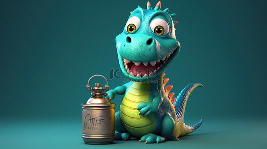 牙齿卡通人物背景图片_幽默的 3D 恐龙人物抓着燃料容器