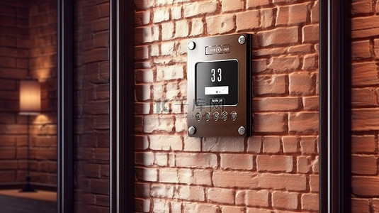 科技酒店背景图片_高端酒店豪华砖墙前带房间号显示的电子门板触摸门铃开关 3D 渲染