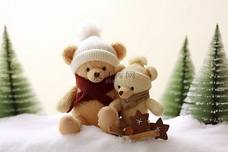 英语背景图片_雪山顶上有两只毛绒玩具熊，上面有装饰品