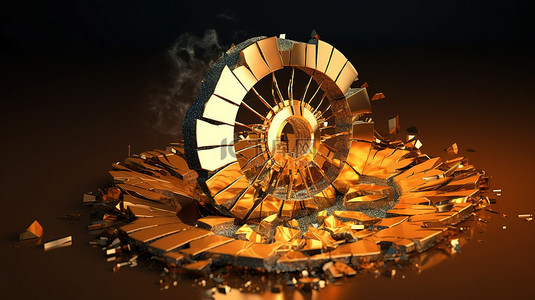 加密货币崩溃 3D 插图，显示破碎的比特币，带有复制空间