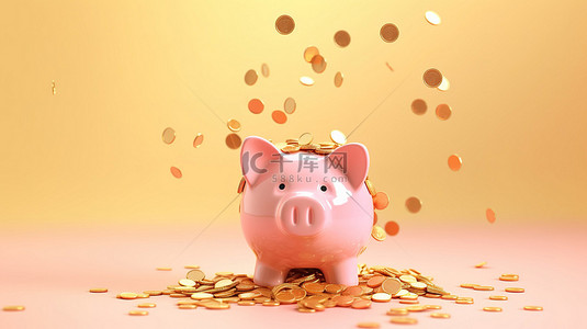 财务规划 3D 渲染存钱罐和柔和米色背景下掉落的金币