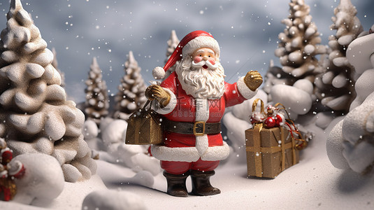 一个节日场景 3d 圣诞老人在白雪皑皑的环境中拥抱一棵云杉树，带着他的礼物袋