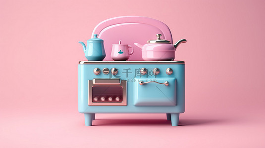 复古蓝色玩具厨房展示，具有双色调效果，在粉红色背景 3d 渲染下设置