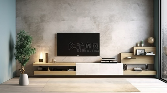 家居背景图片_现代客厅配有灰浆架电视和 3D 渲染的水泥屏墙