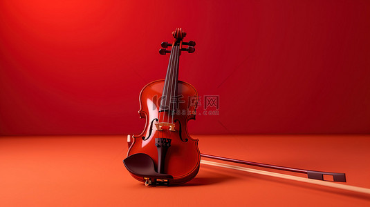 醒目的红色背景上的木制小提琴和弓的 3D 渲染