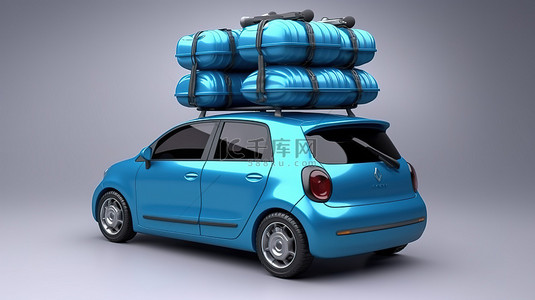 电动蓝色紧凑型轿车，车顶上有一堆行李，以 3D 渲染的形式描绘