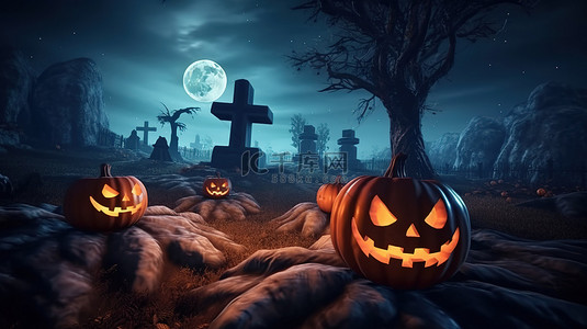 万圣节的幽灵背景图片_公墓满月光下庆祝万圣节的杰克奥灯笼的 3D 插图