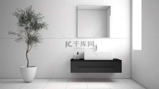 时尚的现代浴室设计，白色墙壁，现代家具，盛开的花卉装饰和设计师水槽 3D 渲染
