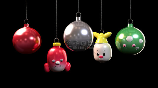 悬挂在黑色背景下的 3D 渲染插图中的圣诞玩具
