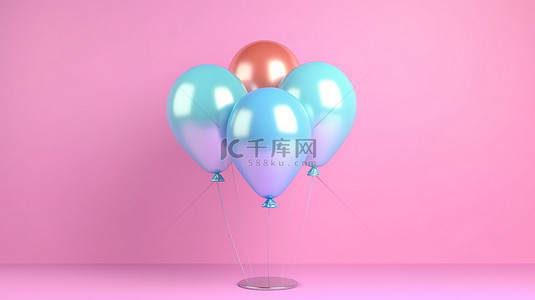 生日成人背景图片_用气球装饰的柔和粉红色背景的 3D 渲染插图