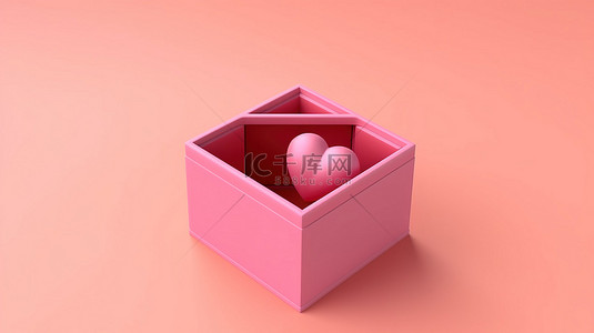 3d 渲染粉红色纸板箱，空背景上有红心