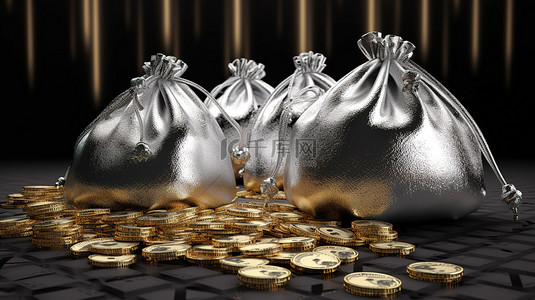 金钱宝藏 3d 渲染闪亮的银袋与美元符号和金币