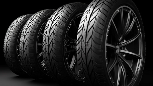黑色轮毂背景图片_合金轮毂和黑色轮胎在 3D 渲染中的线性排列