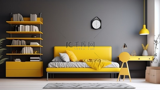 单身宿舍背景图片_室内设计概念的 3D 渲染，以灰色墙壁现代宿舍为特色，配有黄色书柜和两张单人床