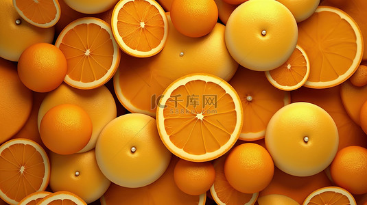 排列在橙色表面上的葡萄柚片，以平面风格创建引人注目的几何水果背景 3D 渲染
