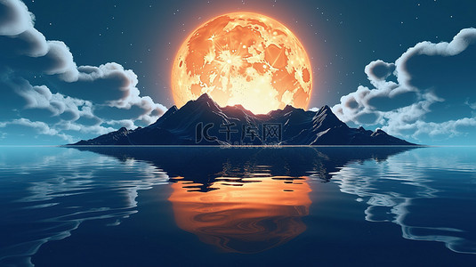 森林月亮夜晚背景图片_怪异的万圣节天际线 3D 插图，反映在山影中的满月