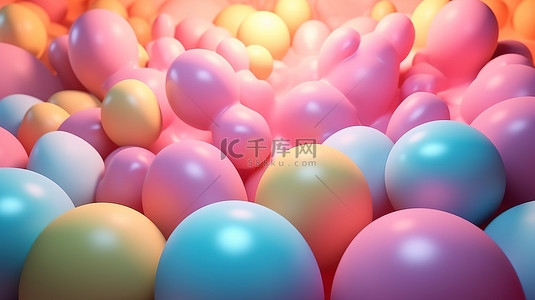 双11悬浮框背景图片_五颜六色的球体和线条悬浮在空中柔和的粉彩 3d 渲染抽象
