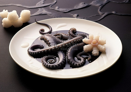 白色的盘子，上面有章鱼和黑色的岩石