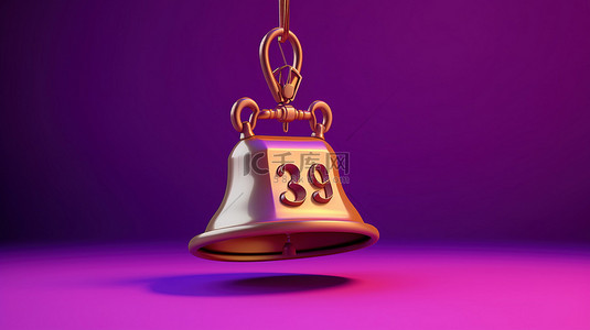 提醒通知的 3D 插图，带有响铃日历和充满活力的紫色背景上的新注释