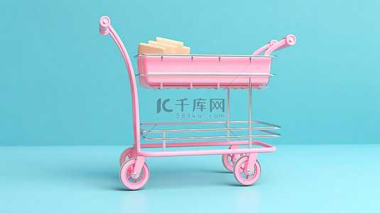 蓝色背景 3D 渲染模型上显示的复古粉色冰淇淋车