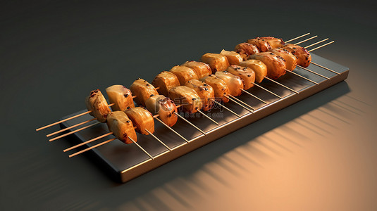 美味的烤肉串背景图片_3D 渲染的串，用于美味的烧烤