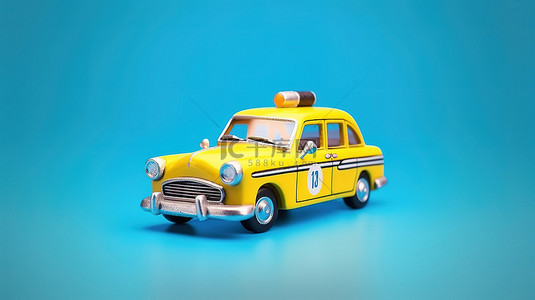 3D 渲染的卡通汽车玩具，蓝色背景上有出租车标志