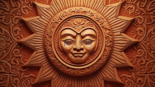 心形纪念墙背景图片_毛利波利尼西亚太阳脸图案的令人惊叹的 3D 插图