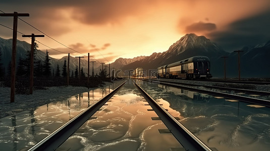 火车轨道背景背景图片_晚上 3D 渲染火车轨道被山脊轮廓和洪水淹没