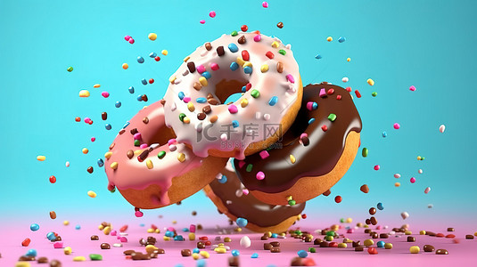 各种釉面飞行甜甜圈，在柔和的背景 3D 渲染上撒上糖粉和巧克力片