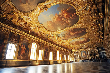 意大利景点背景图片_宽敞的室内装饰有金色和华丽的画作