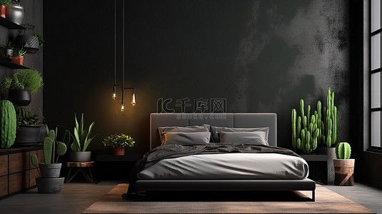 时尚的卧室设计，配有时尚的床黑墙壁灯和仙人掌 3D 渲染