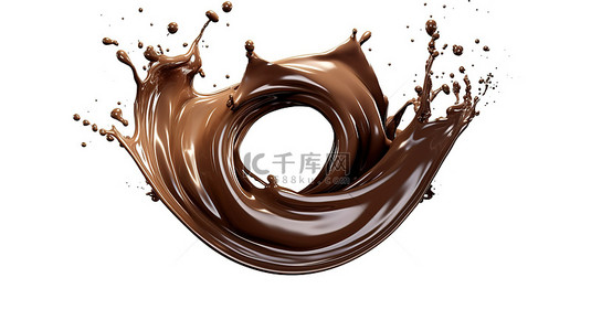 旋转黑巧克力与液体飞溅的 3d 插图