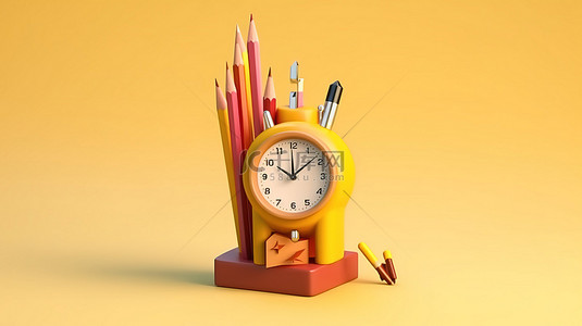 日程记录表背景图片_铅笔时钟和日历设计的卡通风格 3D 渲染