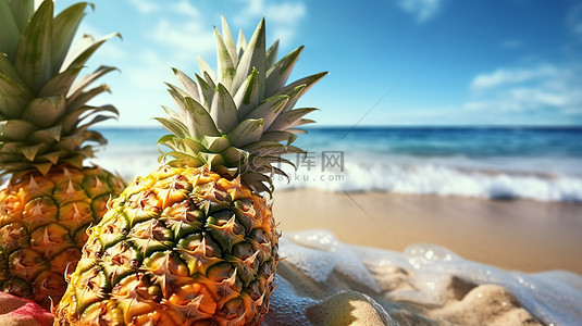 海边沙滩上营养多汁的菠萝的特写 3D 渲染