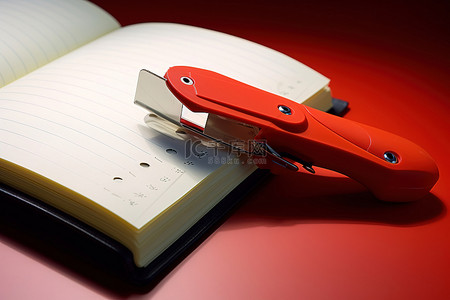 办公红色笔记本背景图片_打开边缘有红色订书机的笔记本