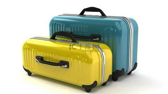 白色背景，3D 渲染中带有孤立的绿色蓝色和黄色手提箱