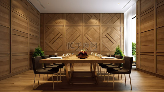 优雅的用餐区，铺有 3D 渲染木地板和华丽的木镶板