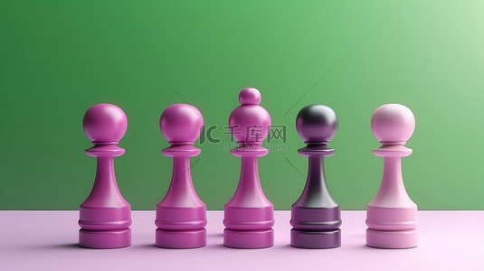 绿色背景，具有独特的创意包容性，以粉色和紫色棋子为代表，令人惊叹的 3D 渲染