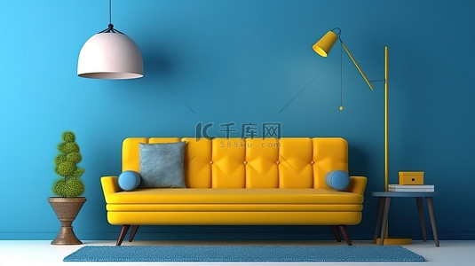 一家三代背景图片_美观的蓝色墙壁和充满活力的黄色沙发，配有枕头，白色地毯和三盏优雅的灯在迷人的 3D 渲染中显得更加突出