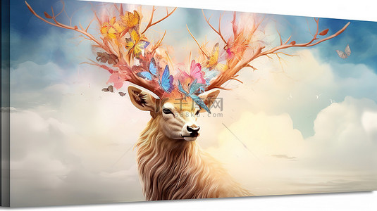 插画树下背景图片_艺术墙装饰充满活力的3D羽毛白云和阳光下雄伟的金鹿
