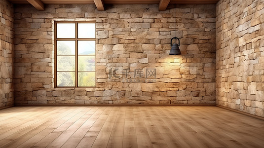 液化天然气站背景图片_宽敞房间的 3D 渲染，配有天然石墙斜屋顶硬木地板和壁灯