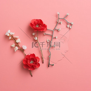 粉红色背景上的中国汉字和红色花朵