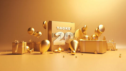 金色生日背景背景图片_3D 渲染的社交媒体横幅庆祝 2k 追随者与金色聚光灯背景