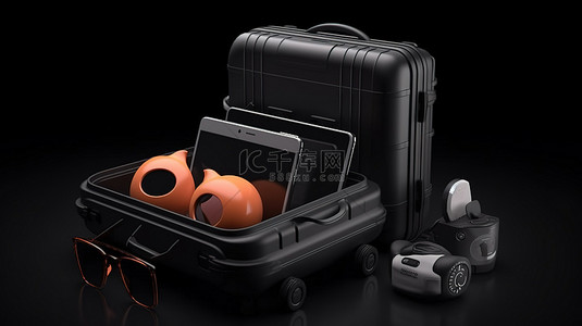 冒险的 3D 渲染手提箱相机飞机手机遮光罩和光滑黑色表面上的救生圈